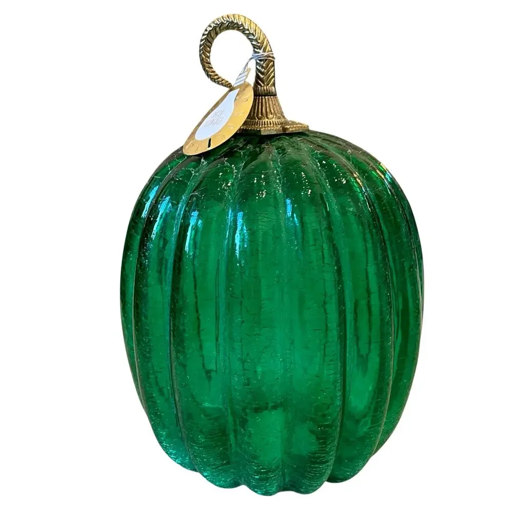 Illuminated LED Green Glass Pumpkin Gold Metal Stem 12.5